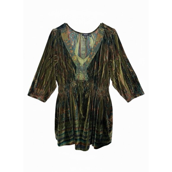 APT. 9 Tops - APT. 9 Women's 3X Green Paisley Velour Baby Doll Top Y2k Bohostyle